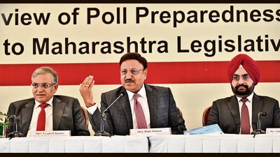 Mumbai, India - Sept. 28, 2024: Chief Election Commissioner Rajiv Kumar along with Gyanesh Kumar(L) and Sukbhir Singh Sandhu(R) interacts with media during press conference at Hotel Trident in Mumbai, India, on Saturday, September 28, 2024. (Photo by Anshuman Poyrekar/ Hindustan Times) (Hindustan Times) Mumbai, India - Sept. 28, 2024: Chief Election Commissioner Rajiv Kumar along with Gyanesh Kumar(L) and Sukbhir Singh Sandhu(R) interacts with media during press conference at Hotel Trident in Mumbai, India, on Saturday, September 28, 2024. (Photo by Anshuman Poyrekar/ Hindustan Times) (Hindustan Times)