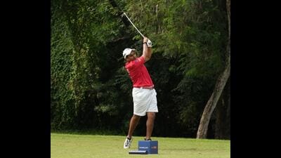 Partee Panthers player Bharat Bhandari in action during Chandigarh Golf League at Chandigarh Golf Club on Friday. (HT Photo)