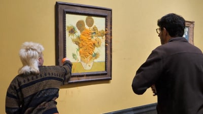 A group of Just Stop Oil activists threw soup at Van Gogh's 'Sunflowers' (X/ Just Stop Oil) A group of Just Stop Oil activists threw soup at Van Gogh's 'Sunflowers' (X/ Just Stop Oil)