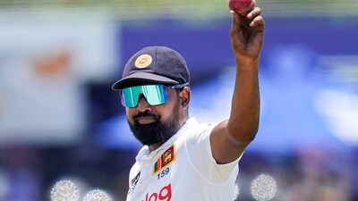 Sri Lanka's Prabath Jayasuriya acknowledges after taking six New Zealand wickets during the day three of the second Test (AP) Sri Lanka's Prabath Jayasuriya acknowledges after taking six New Zealand wickets during the day three of the second Test (AP)