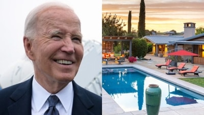 (Left): President Joe Biden speaks the the media after stepping off Air Force One at Dover Air Force Base in Delaware, Friday, Sept. 27, 2024, to spend the weekend at his beach home in Rehoboth Beach, Del.; (Right): Olivia Newton-John spent her final days at 3930 Indian Way, SANTA YNEZ, CA 93460. (AP / Village Properties) (Left): President Joe Biden speaks the the media after stepping off Air Force One at Dover Air Force Base in Delaware, Friday, Sept. 27, 2024, to spend the weekend at his beach home in Rehoboth Beach, Del.; (Right): Olivia Newton-John spent her final days at 3930 Indian Way, SANTA YNEZ, CA 93460. (AP / Village Properties)