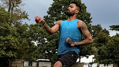 Hardik Pandya bowling with a red ball. (Instagram/Hardik Pandya) Hardik Pandya bowling with a red ball. (Instagram/Hardik Pandya)