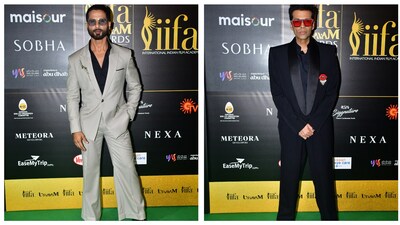 Shahid Kapoor and Karan Johar chose light and dark suits, respectively. Shahid Kapoor and Karan Johar chose light and dark suits, respectively.