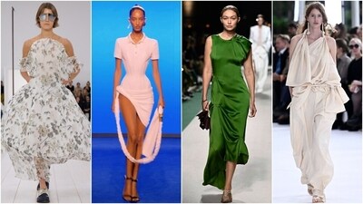 Models present creations from Loewe, Schiaparelli, Victoria Beckham and Issey Miyake. Models present creations from Loewe, Schiaparelli, Victoria Beckham and Issey Miyake.