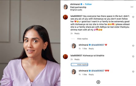 A glimpse at Shrima's IG page and her responses to comments about AIsh. A glimpse at Shrima's IG page and her responses to comments about AIsh.