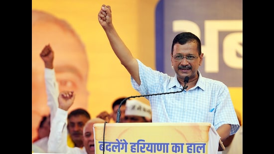 Aam Aadmi Party (AAP) natiobnal convener Arvind Kejriwal during a public meeting at Kalayat in Kaithal on Saturday. (AAP-X)