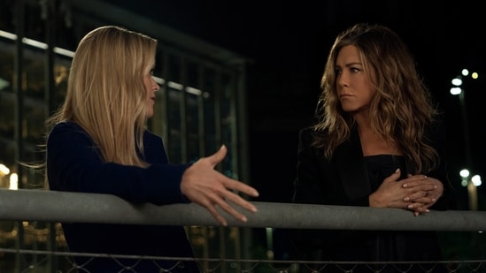 Reese Witherspoon and Jennifer Aniston as Bradley Jackson and Alex Levy in The Morning Show Season 3. (Apple TV)