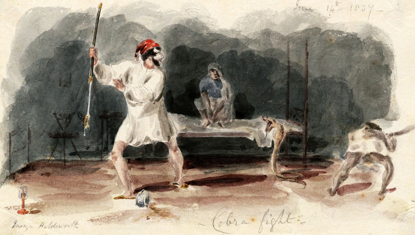 ‘Life in India --- Cobra Fight.’ A British Army Officer (Ensign Holdsworth) attempts to kill a cobra with his sword at night. A seemingly calm and bemused native sits on the bed watching the battle in the ghostly hours. Watercolor of June 14, 1837, by Lt. Thomas Wingate, 2nd Queen’s Royal Regiment. (THE ANNE SK BROWN MILITARY COLLECTION, BROWN UNIVERSITY LIBRARY, THE USA) ‘Life in India --- Cobra Fight.’ A British Army Officer (Ensign Holdsworth) attempts to kill a cobra with his sword at night. A seemingly calm and bemused native sits on the bed watching the battle in the ghostly hours. Watercolor of June 14, 1837, by Lt. Thomas Wingate, 2nd Queen’s Royal Regiment. (THE ANNE SK BROWN MILITARY COLLECTION, BROWN UNIVERSITY LIBRARY, THE USA)