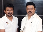 Chennai, Sept 29 (ANI): Tamil Nadu Chief Minister MK Stalin felicitates DMK leader Udhayanidhi Stalin as he congratulates him on being appointed as State Deputy Chief Minister, in Chennai on Sunday. (ANI Photo)