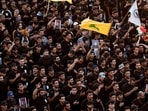 People hold pictures of Lebanon's Hezbollah Chief Hassan Nasrallah who was killed by an Israeli airstrike in Beirut, during a symbolic funeral in Baghdad, Iraq, September 29, 2024. REUTERS/Thaier al-Sudani(REUTERS)