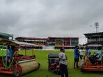 Groundsmen at the Green Park Stadium during the third day of the 2nd Test cricket match between India and Bangladesh, in Kanpur, Sunday, Sep. 29 Groundsmen at the Green Park Stadium during the third day of the 2nd Test cricket match between India and Bangladesh, in Kanpur, Sunday, Sep. 29