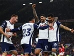 Tottenham Hotspur's Dominic Solanke celebrates scoring their third goal with Cristian Romero, Pedro Porro and Dejan Kulusevski.