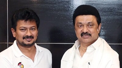 Chennai, Sept 29 (ANI): Tamil Nadu Chief Minister MK Stalin felicitates DMK leader Udhayanidhi Stalin as he congratulates him on being appointed as State Deputy Chief Minister, in Chennai on Sunday. (ANI Photo) (CMOTamilNadu-X)