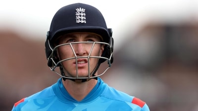 England's Harry Brook walks back to the pavilion after losing his wicket during the 5th One Day International cricket match against Australia. (AFP) England's Harry Brook walks back to the pavilion after losing his wicket during the 5th One Day International cricket match against Australia. (AFP)