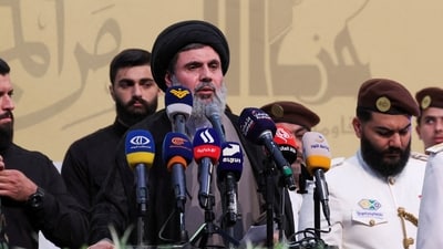 FILE PHOTO: Senior Hezbollah official Hashem Safieddine speaks during the funeral of Mohammed Nasser, a senior Hezbollah commander who was killed by what security sources say was an Israel strike on Wednesday, in Beirut's southern suburbs, Lebanon July 4, 2024. REUTERS/Aziz Taher/File Photo (REUTERS)