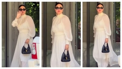 Kareena Kapoor wore a flowy, full-length white dress with a high neckline. It had sheer, billowing sleeves that added to the dainty, airy look. Her black bag and shades contrasted with the all-white look. This cottagecore look had a timeless elegance. (Instagram/@varindertchawla) Kareena Kapoor wore a flowy, full-length white dress with a high neckline. It had sheer, billowing sleeves that added to the dainty, airy look. Her black bag and shades contrasted with the all-white look. This cottagecore look had a timeless elegance. (Instagram/@varindertchawla)