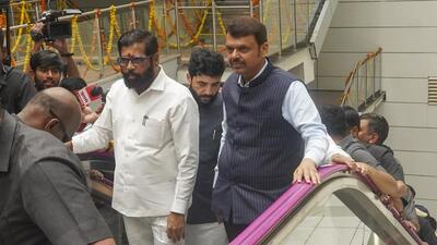 Maharashtra Chief Minister Eknath Shinde with Deputy CM Devendra Fadnavis during the inauguration of the southern extension of Pune Metro Phase 1 by Prime Minister Narendra Modi, Sunday. (PTI) Maharashtra Chief Minister Eknath Shinde with Deputy CM Devendra Fadnavis during the inauguration of the southern extension of Pune Metro Phase 1 by Prime Minister Narendra Modi, Sunday. (PTI)