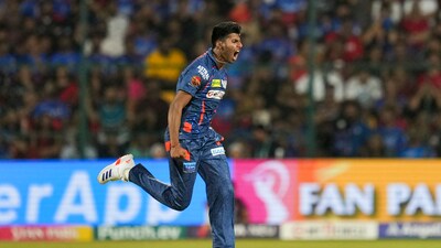 LSG's Mayank Yadav celebrates after taking the wicket of Royal Challengers Bengaluru batter Cameron Green during the 2024 Indian Premier League (PTI) LSG's Mayank Yadav celebrates after taking the wicket of Royal Challengers Bengaluru batter Cameron Green during the 2024 Indian Premier League (PTI)