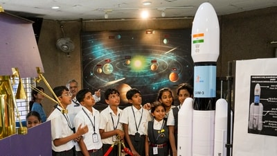 Bengaluru: Students look at a model of Chandrayaan-3 mission during the celebration of India's first National Space Day, at Jawaharlal Nehru Planetarium. (PTI file photo) Bengaluru: Students look at a model of Chandrayaan-3 mission during the celebration of India's first National Space Day, at Jawaharlal Nehru Planetarium. (PTI file photo)