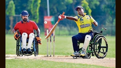 Players in action during the Divyang Cricket League at PAU in Ludhiana on Sunday. (Manish/HT) Players in action during the Divyang Cricket League at PAU in Ludhiana on Sunday. (Manish/HT)