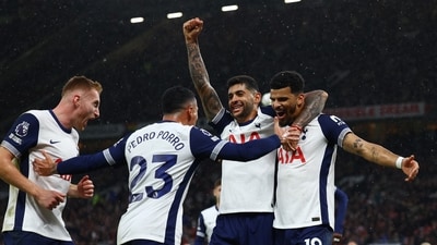 Tottenham Hotspur's Dominic Solanke celebrates scoring their third goal with Cristian Romero, Pedro Porro and Dejan Kulusevski. (Reuters)