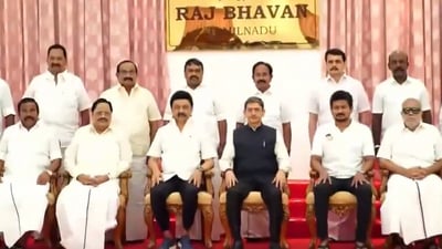 Tamil Nadu chief minister MK Stalin and Governor RN Ravi, along with the newly appointed deputy chief minister Udhayanidhi Stalin and other new Cabinet ministers, attended the swearing-in ceremony at Raj Bhavan on Sunday. Tamil Nadu chief minister MK Stalin and Governor RN Ravi, along with the newly appointed deputy chief minister Udhayanidhi Stalin and other new Cabinet ministers, attended the swearing-in ceremony at Raj Bhavan on Sunday.