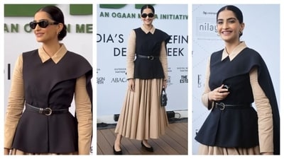 Sonam Kapoor combined power dressing and Indian ethnic wear to create a unique and confident fusion look. Over a beige dress, she donned a sleeveless vest with a belt. The black vest had a saree-like pallu falling over the shoulder. It trailed over her shoulder and down her arms, like a classic saree-pallu. This fusion look epitomized Sonam's styling finesse. (Instagram/@varindertchawla) Sonam Kapoor combined power dressing and Indian ethnic wear to create a unique and confident fusion look. Over a beige dress, she donned a sleeveless vest with a belt. The black vest had a saree-like pallu falling over the shoulder. It trailed over her shoulder and down her arms, like a classic saree-pallu. This fusion look epitomized Sonam's styling finesse. (Instagram/@varindertchawla)
