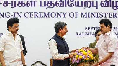 Tamil Nadu governor RN Ravi greets V Senthil Balaji after administering him oath of office. (PTI) Tamil Nadu governor RN Ravi greets V Senthil Balaji after administering him oath of office. (PTI)