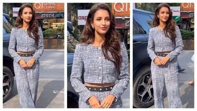 Triptii Dimri donned a co-ord set featuring a long-sleeved, cropped tweed jacket with a round neckline and buttoned front. The matching high-waisted pants had an edgy black belt. (Instagram/@varindertchawla) Triptii Dimri donned a co-ord set featuring a long-sleeved, cropped tweed jacket with a round neckline and buttoned front. The matching high-waisted pants had an edgy black belt. (Instagram/@varindertchawla)