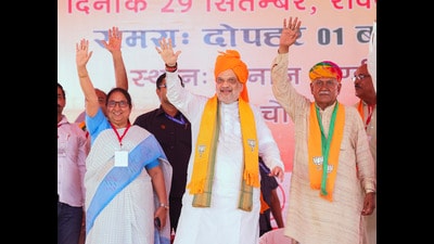Union Home Minister Amit Shah during an election campaign ahead of Haryana Assembly polls, in Haryana's Badshahpur. (PTI)