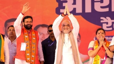 Amit Shah with Haryana CM Nayab Singh Saini. (PTI file photo) Amit Shah with Haryana CM Nayab Singh Saini. (PTI file photo)