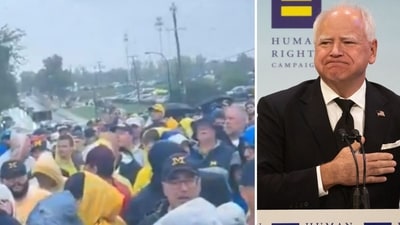Timz Walz booed by Michigan fans at Minnesota game (@mckenzieallen157/TikTok, photo by Allison Bailey / AFP)