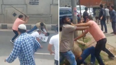 In the video, several men can be seen thrashing each other on a service road in Uttar Pradesh even as dozens watch them brawl. (X/@lokeshRlive) In the video, several men can be seen thrashing each other on a service road in Uttar Pradesh even as dozens watch them brawl. (X/@lokeshRlive)