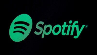 The Spotify logo is displayed on a screen on the floor of the New York Stock Exchange (NYSE) in New York, US. (Reuters)