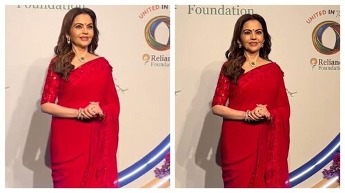 Nita Ambani kept her signature saree style of heavy embroidery aside and looked glam in this red saree. (Instagram/@manavmanglani) Nita Ambani kept her signature saree style of heavy embroidery aside and looked glam in this red saree. (Instagram/@manavmanglani)