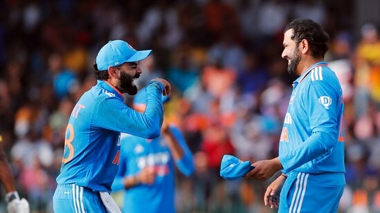 India's captain Rohit Sharma and Virat Kohli celebrate a wicket during the 2nd ODI match against Sri Lanka (BCCI-X)