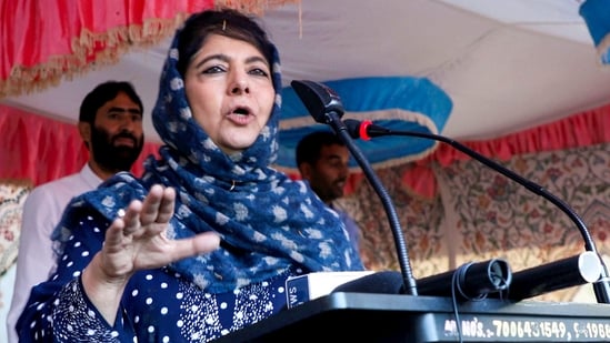 Tangmarg: Peoples Democratic Party (PDP) President Mehbooba Mufti addresses during an election rally ahead of Jammu and Kashmir Assembly elections, at Lalpora village of Tangmarg in north Kashmir, Friday, Sept. 27, 2024. (PTI Photo)(PTI09_27_2024_000329A) (PTI)