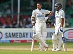India's Yashasvi Jaiswal and captain Rohit Sharma (R) during the fourth day of the second Test cricket match.
