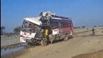 The incident happened on GT Road (National Highway 19) in Bihar’s Rohtas district and the front portion of the bus was badly damaged. (PTI)