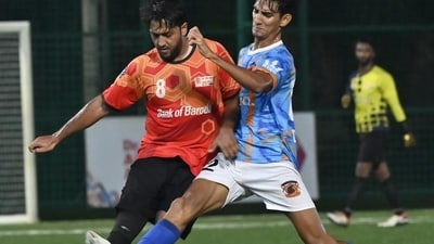 Anshuman Poyrekar/ HT MH Oranje FC (L) v/s Bank Of Baroda during Harwood Champions League by Mumbai Football Association at Cooperage Ground on Saturday.