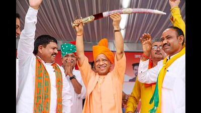 Chief minister Yogi Adityanath during a public meeting for Haryana Assembly elections, at Bawani Khera, in Bhiwani district on Monday. (PTI) Chief minister Yogi Adityanath during a public meeting for Haryana Assembly elections, at Bawani Khera, in Bhiwani district on Monday. (PTI)