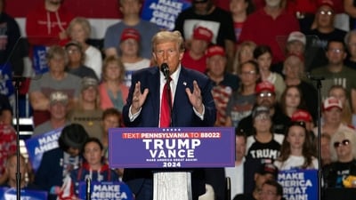 Republican presidential nominee former President Donald Trump speaks during a campaign rally at Bayfront Convention Center in Erie, Pa., Sunday, Sept. 29, 2024. (AP) Republican presidential nominee former President Donald Trump speaks during a campaign rally at Bayfront Convention Center in Erie, Pa., Sunday, Sept. 29, 2024. (AP)