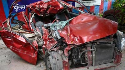 Eyewitnesses told police that the car was speeding -- they estimated that it was going at around 100km/hour -- when it rammed the tractor head on on the four-lane road. (Sunil Ghosh/HT Photo) Eyewitnesses told police that the car was speeding -- they estimated that it was going at around 100km/hour -- when it rammed the tractor head on on the four-lane road. (Sunil Ghosh/HT Photo)