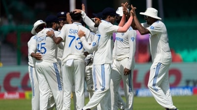 Indian players, including Ravichandran Ashwin and Ravindra Jadeja, celebrate the wicket of Litton Das. (AP) Indian players, including Ravichandran Ashwin and Ravindra Jadeja, celebrate the wicket of Litton Das. (AP)