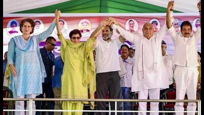 Leader of Oppostion in the Lok Sabha and Congress MP Rahul Gandhi with party leaders Priyanka Vadra Gandhi, former Haryana chief minister Bhupinder Singh Hooda and Sirsa MP Kumari Selja during a party rally at Naraingarh in Ambala district on Monday. (PTI Photo) Leader of Oppostion in the Lok Sabha and Congress MP Rahul Gandhi with party leaders Priyanka Vadra Gandhi, former Haryana chief minister Bhupinder Singh Hooda and Sirsa MP Kumari Selja during a party rally at Naraingarh in Ambala district on Monday. (PTI Photo)