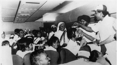 In the picture from November 1995, Mithun Chakraborty is seen meeting 200 orphan children of Mother Teresa's Missionaries of charity abroad a British Airways Boeing 747 Fantasy Flight. In the picture from November 1995, Mithun Chakraborty is seen meeting 200 orphan children of Mother Teresa's Missionaries of charity abroad a British Airways Boeing 747 Fantasy Flight.