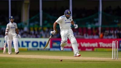 Rohit Sharma survives a run-out scare (PTI) Rohit Sharma survives a run-out scare (PTI)