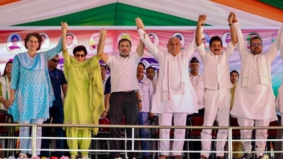 Rahul Gandhi with party leaders Priyanka Gandhi, KC Venugopal, Bhupinder Singh Hooda and Kumari Selja during a public meeting for Haryana Assembly elections in Ambala district. (PTI) Rahul Gandhi with party leaders Priyanka Gandhi, KC Venugopal, Bhupinder Singh Hooda and Kumari Selja during a public meeting for Haryana Assembly elections in Ambala district. (PTI)