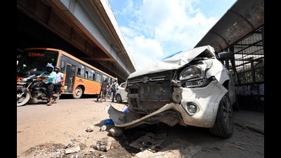 The car in shambles after the incident late Sunday night. (Arvind Yadav/HT) The car in shambles after the incident late Sunday night. (Arvind Yadav/HT)