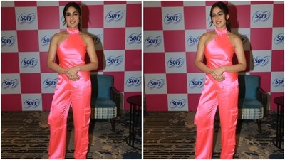 Sara Ali Khan is set to paint your screen pink with her latest look. Donning a satin halter-neckline top and matching pants, she rocked the monochrome style effortlessly. (HT photo/VarinderChawla) Sara Ali Khan is set to paint your screen pink with her latest look. Donning a satin halter-neckline top and matching pants, she rocked the monochrome style effortlessly. (HT photo/VarinderChawla)
